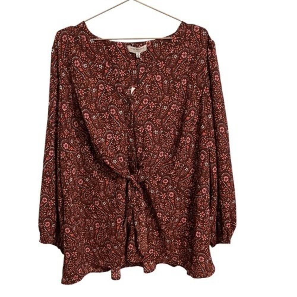 Skies Are Blue Curvy Brown Paisley Floral Tie Front Blouse 3X 143683